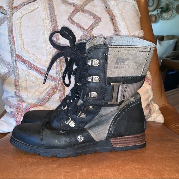 Sorel Major Carly Casual Lace Up Boots Black Gray Leather Canvas Size 7 - Picture 2 of 9